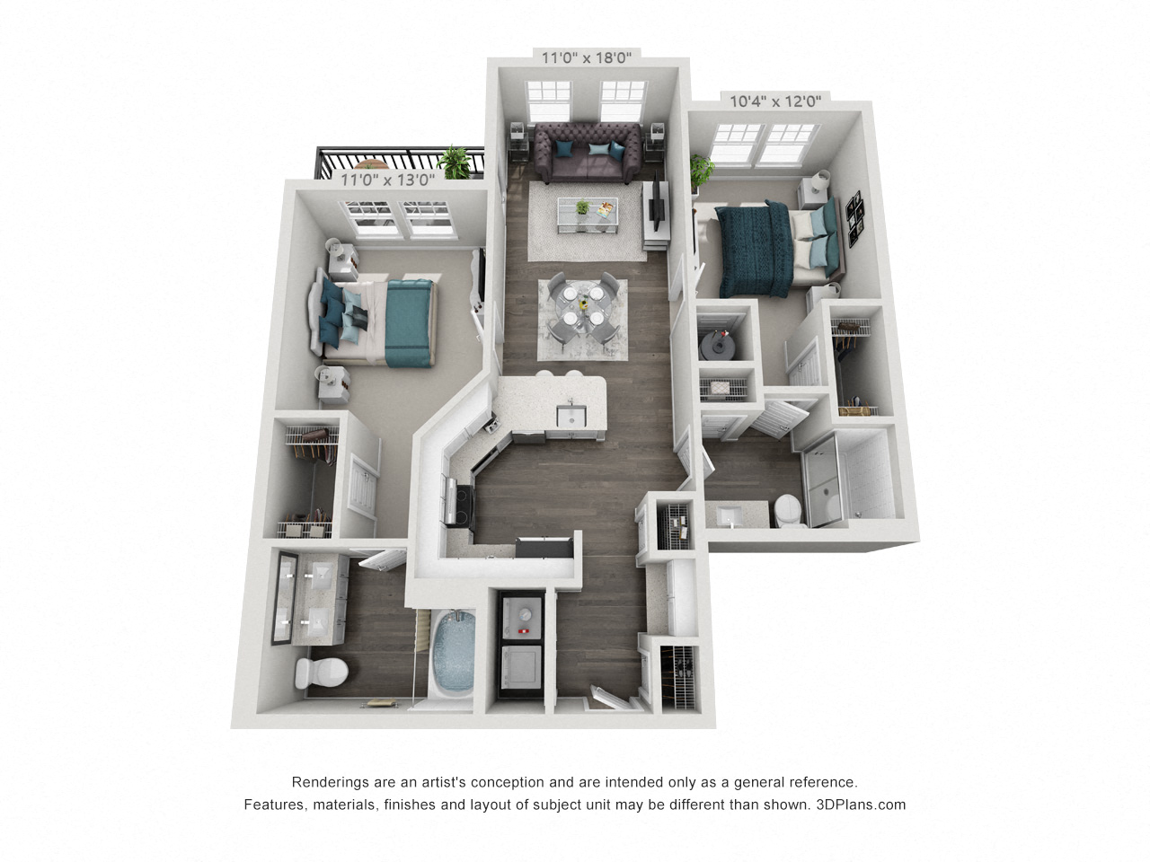Floor plan for 2 beds, 2 baths, 1032 sqft